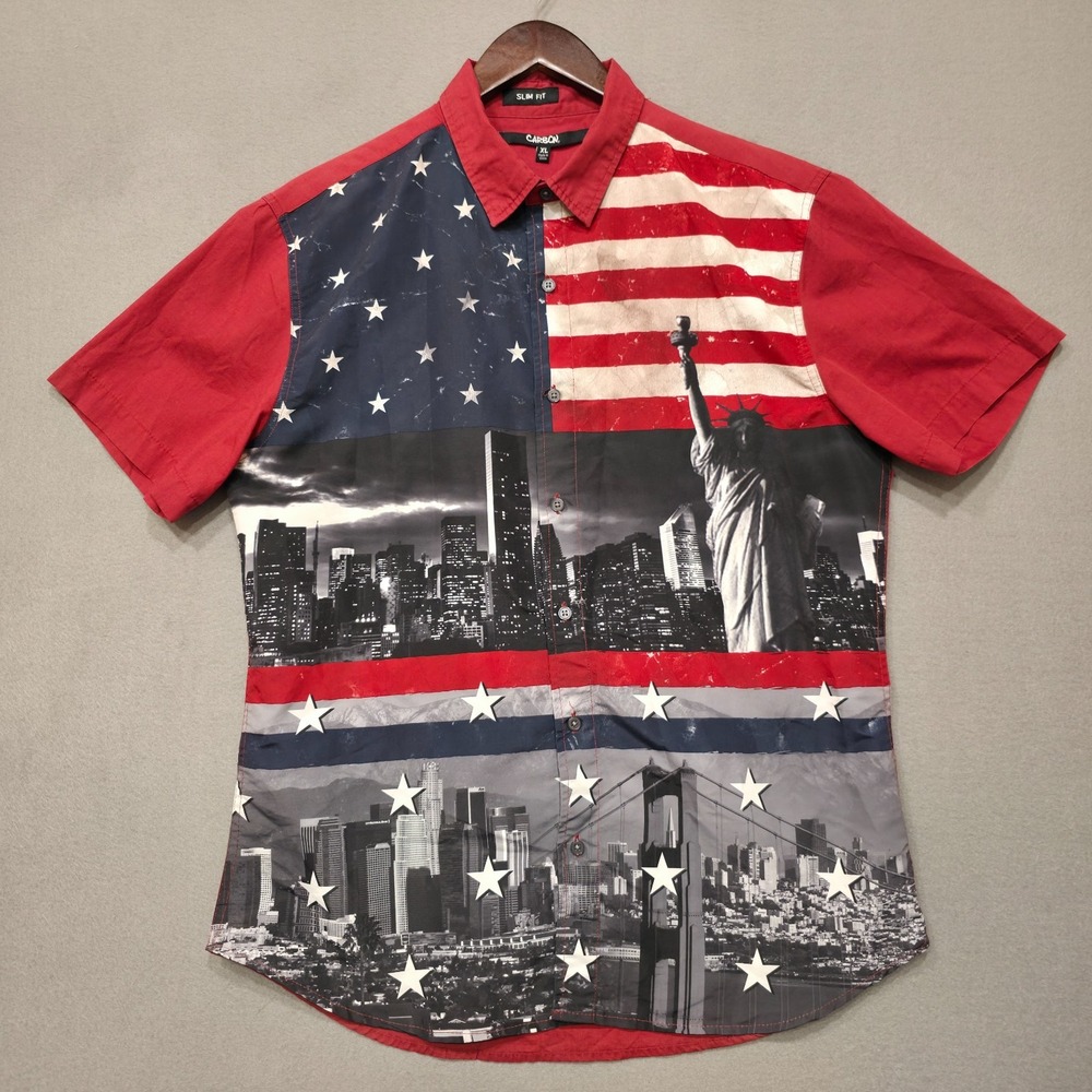 Carbon Men's Patriotic Slim Fit Short Sleeve Button Up‎ Shirt Size XL